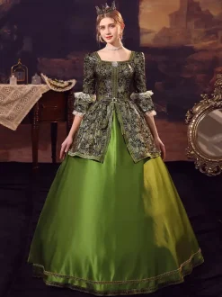 Victorian Baroque Green Long Sleeves Vintage Jacquard Dress Era Clothing with hat Retro Tudor Dress Costumes