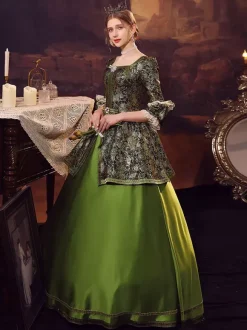 Victorian Baroque Green Long Sleeves Vintage Jacquard Dress Era Clothing with hat Retro Tudor Dress Costumes