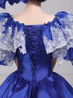 VictorianDress Womens Vintage Gown Dress Blue Satin Lace Bateau Puff Sleeve Drama Show Evening Dress