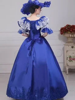 VictorianDress Womens Vintage Gown Dress Blue Satin Lace Bateau Puff Sleeve Drama Show Evening Dress