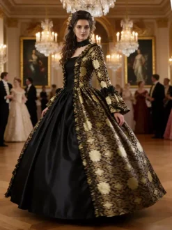 VictorianDress Black Gold Tudor Dress Costumes Lace Up Satin Fabric Marie Antoinette Costume Floral Print Dress Women's Gothic Set Party Prom Dress