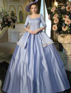 Victorian Dress Costume Blue Half Sleeves Squared Neckline Tunic Pleated Ball Gown Victorian era Clothing Costumes Dress