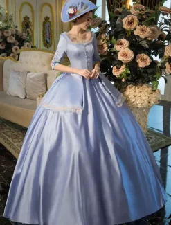 Victorian Dress Costume Blue Half Sleeves Squared Neckline Tunic Pleated Ball Gown Victorian era Clothing Costumes Dress