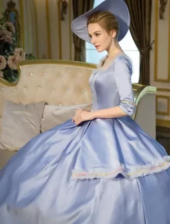 Victorian Dress Costume Blue Half Sleeves Squared Neckline Tunic Pleated Ball Gown Victorian era Clothing Costumes Dress