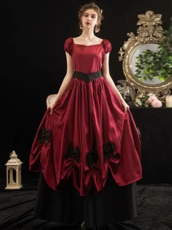 Victorian Dress Costumes Women's Red Trumpet Short Sleeves Bow Ball Gown Dress Victorian Era Clothing Marie Antoinette Costume Burgundy
