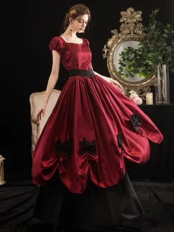 Victorian Dress Costumes Women's Red Trumpet Short Sleeves Bow Ball Gown Dress Victorian Era Clothing Marie Antoinette Costume Burgundy