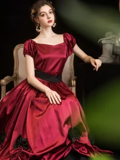 Victorian Dress Costumes Women's Red Trumpet Short Sleeves Bow Ball Gown Dress Victorian Era Clothing Marie Antoinette Costume Burgundy