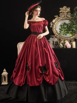 Victorian Dress Costumes Women's Red Trumpet Short Sleeves Bow Ball Gown Dress Victorian Era Clothing Marie Antoinette Costume Burgundy