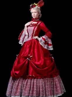 VictorianDress Costumes Women's Lace Ruffles Lace Polyester Marie Antoinette Costume Set Choker Dress 18th Century Costume Burgundy