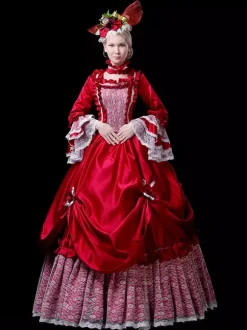 VictorianDress Costumes Women's Lace Ruffles Lace Polyester Marie Antoinette Costume Set Choker Dress 18th Century Costume Burgundy