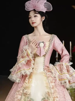 VictorianDress Pink Costumes Women's Floral Print Lace Ruffles Polyester Dress Headwear Marie Antoinette Costume Vintage Clothing
