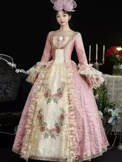 VictorianDress Pink Costumes Women's Floral Print Lace Ruffles Polyester Dress Headwear Marie Antoinette Costume Vintage Clothing