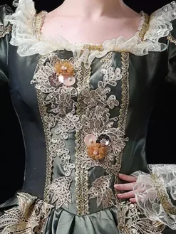 Victorian Retro Tudor Dress Costume Women's Retro Lace Ruffles Embroidered Baroque Style Marie Antoinette Trumpet Long Sleeves Sage Square Neckline Costumes Masquerade Ball Gown