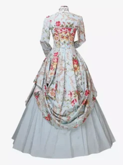 Victorian Retro Tudor Dress Costme Women's Sateen Light Sky Blue Floral Print Marie Antoinette Ball Gown trumpet Long Sleeves with Choker Victorian Era Clothing Costumes