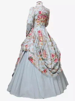 Victorian Retro Tudor Dress Costme Women's Sateen Light Sky Blue Floral Print Marie Antoinette Ball Gown trumpet Long Sleeves with Choker Victorian Era Clothing Costumes