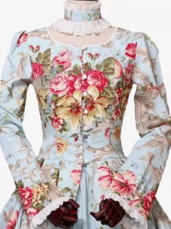 Victorian Retro Tudor Dress Costme Women's Sateen Light Sky Blue Floral Print Marie Antoinette Ball Gown trumpet Long Sleeves with Choker Victorian Era Clothing Costumes
