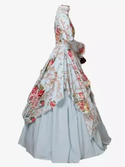 Victorian Retro Tudor Dress Costme Women's Sateen Light Sky Blue Floral Print Marie Antoinette Ball Gown trumpet Long Sleeves with Choker Victorian Era Clothing Costumes