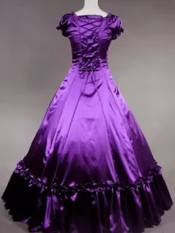 Victorian Retro Tudor Dress Costume Women's Purple Satin Ruffle Short Sleeves Ball Gown Retro Victorian era Clothing