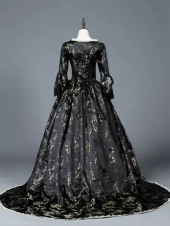 Victorian Retro Tudor Dress Costume Women's Dark Black Matte Satin Floral Print Dress Marie Antoinette Costume Women Victorian Era Style Set 18th Century Costume
