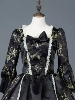 Victorian Retro Tudor Dress Costume Women's Dark Black Matte Satin Floral Print Dress Marie Antoinette Costume Women Victorian Era Style Set 18th Century Costume