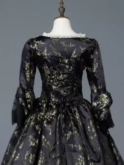 Victorian Retro Tudor Dress Costume Women's Dark Black Matte Satin Floral Print Dress Marie Antoinette Costume Women Victorian Era Style Set 18th Century Costume