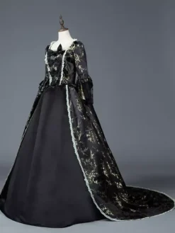 Victorian Retro Tudor Dress Costume Women's Dark Black Matte Satin Floral Print Dress Marie Antoinette Costume Women Victorian Era Style Set 18th Century Costume