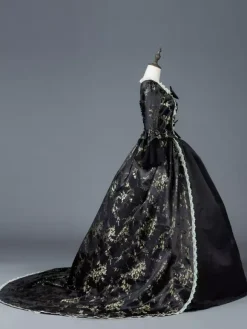 Victorian Retro Tudor Dress Costume Women's Dark Black Matte Satin Floral Print Dress Marie Antoinette Costume Women Victorian Era Style Set 18th Century Costume