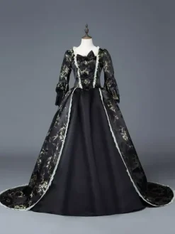 Victorian Retro Tudor Dress Costume Women's Dark Black Matte Satin Floral Print Dress Marie Antoinette Costume Women Victorian Era Style Set 18th Century Costume
