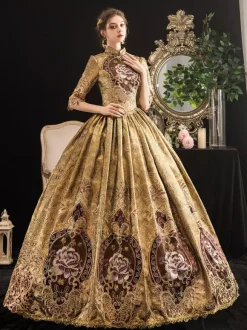 Victorian Retro Tudor Dress Costumes Women's Blonde Half Sleeves Stand Collar Victorian Era Style Marie Antoinette Costume Dress Masquerade Ball Gown