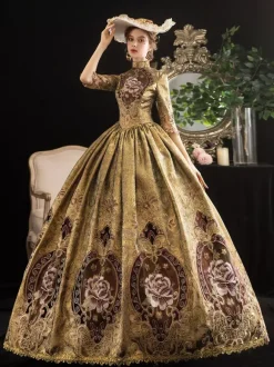 Victorian Retro Tudor Dress Costumes Women's Blonde Half Sleeves Stand Collar Victorian Era Style Marie Antoinette Costume Dress Masquerade Ball Gown