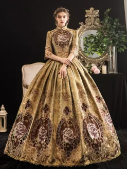 Victorian Retro Tudor Dress Costumes Women's Blonde Half Sleeves Stand Collar Victorian Era Style Marie Antoinette Costume Dress Masquerade Ball Gown