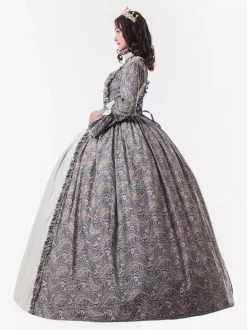 Victorian Retro Tudor Dress Costume Women's Baby Blue Trumpet Long Sleeves Ruffle Floral Print Ball Gown Victorian Era Style Set with Choker Vintage Clothing