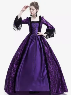 Victorian Retro Tudor Dress Costume Women's Long Gothic Trumpet Long sleeves Purple Ball Gown Square neckline Victorian Era Clothing with hat Retro Tudor Dress Costumes