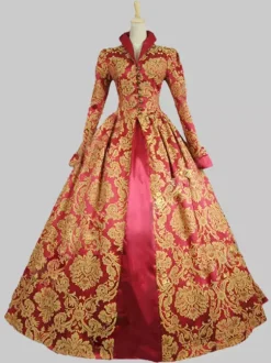 Victorian Retro Tudor Dress Costume Baroque Costume Red Lace Ruffles Stand Collar Gold Stamping Vintage Victorian era Clothing Retro Dress Burgundy