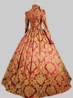 Victorian Retro Tudor Dress Costume Baroque Costume Red Lace Ruffles Stand Collar Gold Stamping Vintage Victorian era Clothing Retro Dress Burgundy