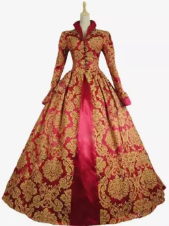 Victorian Retro Tudor Dress Costume Baroque Costume Red Lace Ruffles Stand Collar Gold Stamping Vintage Victorian era Clothing Retro Dress Burgundy