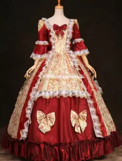 Victorian Retro Tudor Dress Costume Rococo Fantastic Red Ruffles Ball Gown half Sleeves Victorian era outfits Royal Costumes dress Burgundy