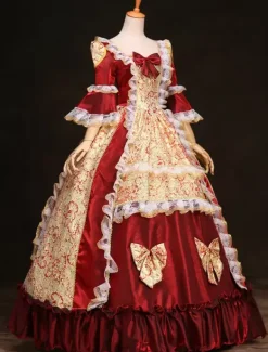 Victorian Retro Tudor Dress Costume Rococo Fantastic Red Ruffles Ball Gown half Sleeves Victorian era outfits Royal Costumes dress Burgundy