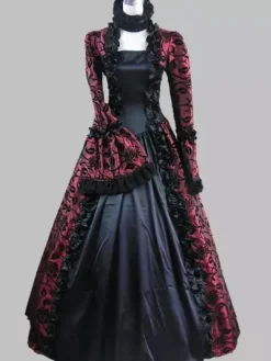 Victorian Retro Tudor Dress Costume Women's Baroque Lace Ruffles Green Marie Antoinette Long Sleeves Victoria Era Clothing Party Dresses Burgundy