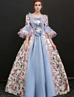 Victorian Retro Tudor Dress Costume Women's Rococo Vintage Victorian Era Outfits Illusion Blue Jacquard Retro Ball gown Costumes