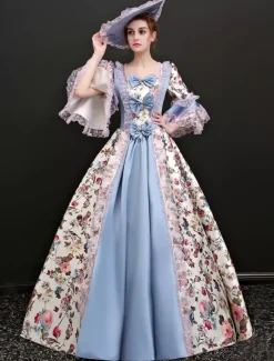 Victorian Retro Tudor Dress Costume Women's Rococo Vintage Victorian Era Outfits Illusion Blue Jacquard Retro Ball gown Costumes