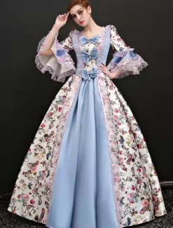 Victorian Retro Tudor Dress Costume Women's Rococo Vintage Victorian Era Outfits Illusion Blue Jacquard Retro Ball gown Costumes