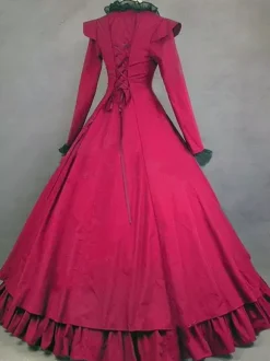 Victorian Retro Tudor Dress Costume Long Sleeves Red Ball Gown Women's Ruffle Button Victorian Era Clothing Retro Clothing Costumes Carnival Burgundy