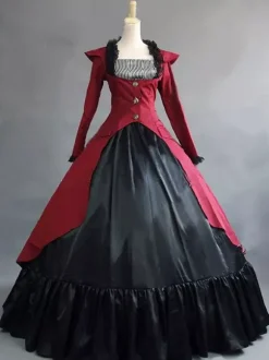 Victorian Retro Tudor Dress Costume Long Sleeves Red Ball Gown Women's Ruffle Button Victorian Era Clothing Retro Clothing Costumes Carnival Burgundy