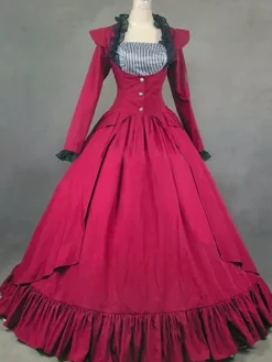 Victorian Retro Tudor Dress Costume Long Sleeves Red Ball Gown Women's Ruffle Button Victorian Era Clothing Retro Clothing Costumes Carnival Burgundy