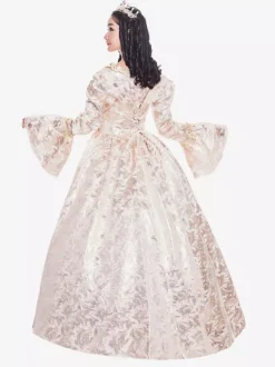 Victorian Retro Tudor Dress Costume Women's Beige Retro Ruffle Matte Satin Long Sleeves Victorian Era Style Floral Print Dress Women Vintage Clothing