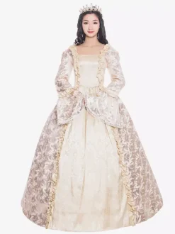 Victorian Retro Tudor Dress Costume Women's Beige Retro Ruffle Matte Satin Long Sleeves Victorian Era Style Floral Print Dress Women Vintage Clothing
