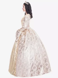 Victorian Retro Tudor Dress Costume Women's Beige Retro Ruffle Matte Satin Long Sleeves Victorian Era Style Floral Print Dress Women Vintage Clothing