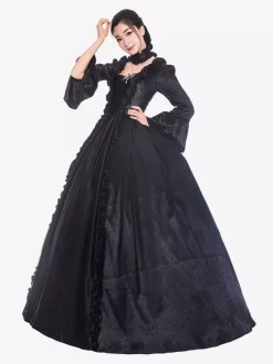 Victorian Retro Tudor Dress Costume Women's Black long Sleeves Matte Satin Victorian Era Style with Choker Vintage Clothing