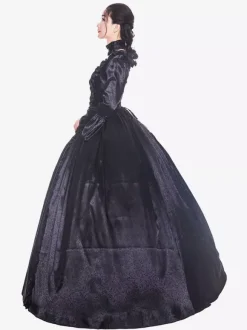 Victorian Retro Tudor Dress Costume Women's Black long Sleeves Matte Satin Victorian Era Style with Choker Vintage Clothing